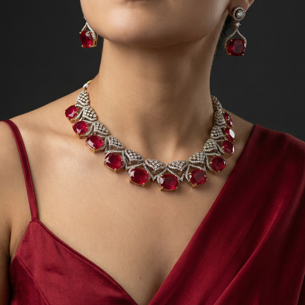 Ruby Grid Necklace Set with geometric ruby pattern and fine heritage Indian gold setting by Ozel
