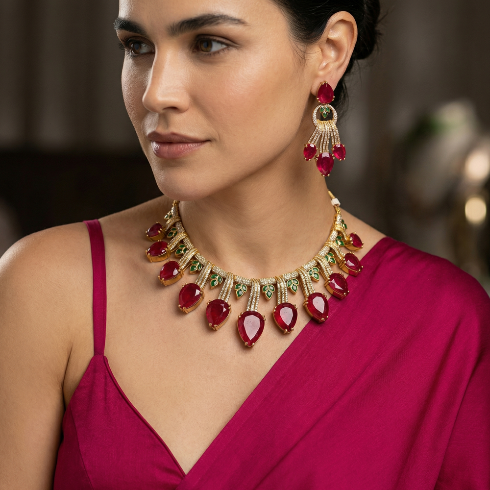 Ziva Drop Necklace Set Ruby – handcrafted ruby drop necklace by Ozel