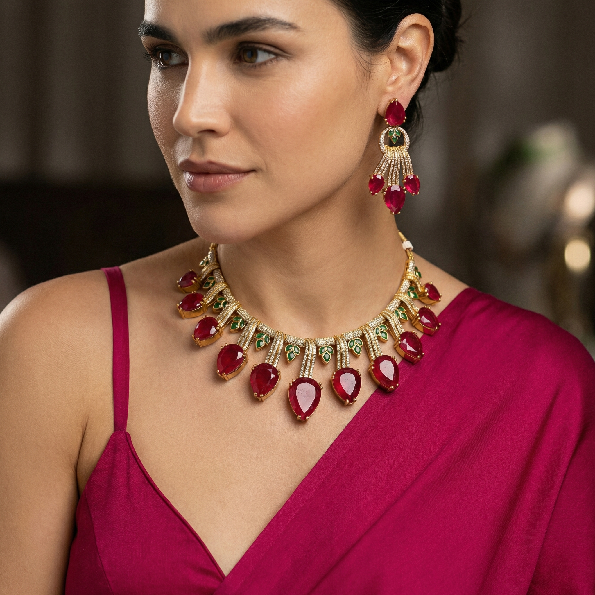 Ziva Drop Necklace Set- Ruby