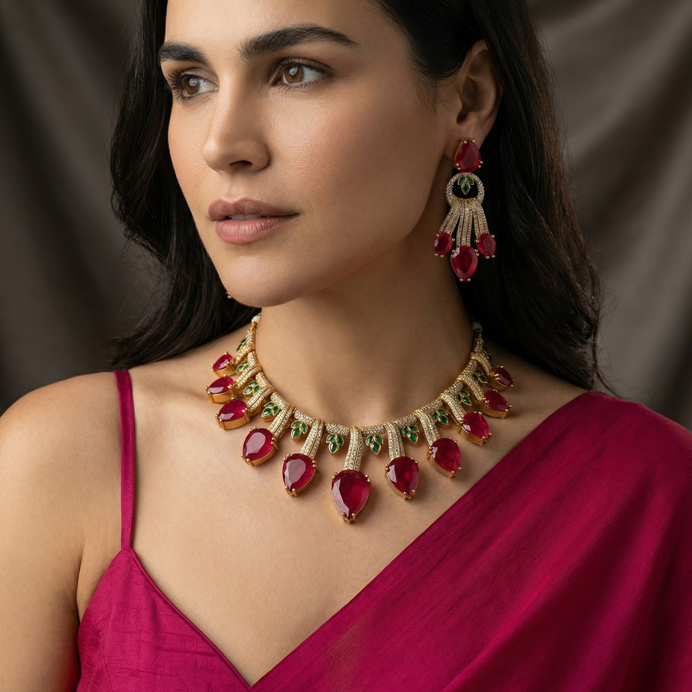 Ziva Drop Necklace Set Ruby – vibrant Indian bridal necklace by Ozel