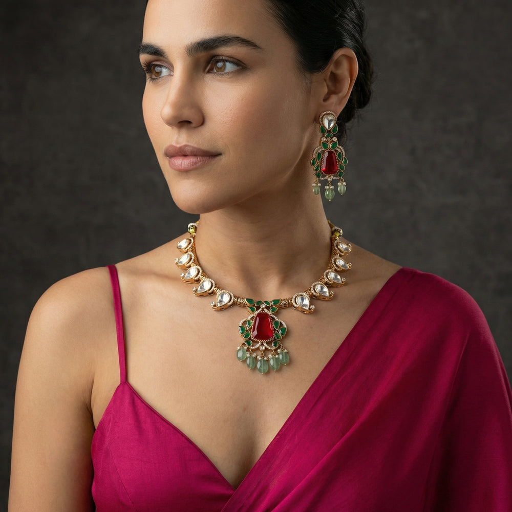 Aarna Paisley Necklace Set Ruby – handcrafted paisley necklace by Ozel