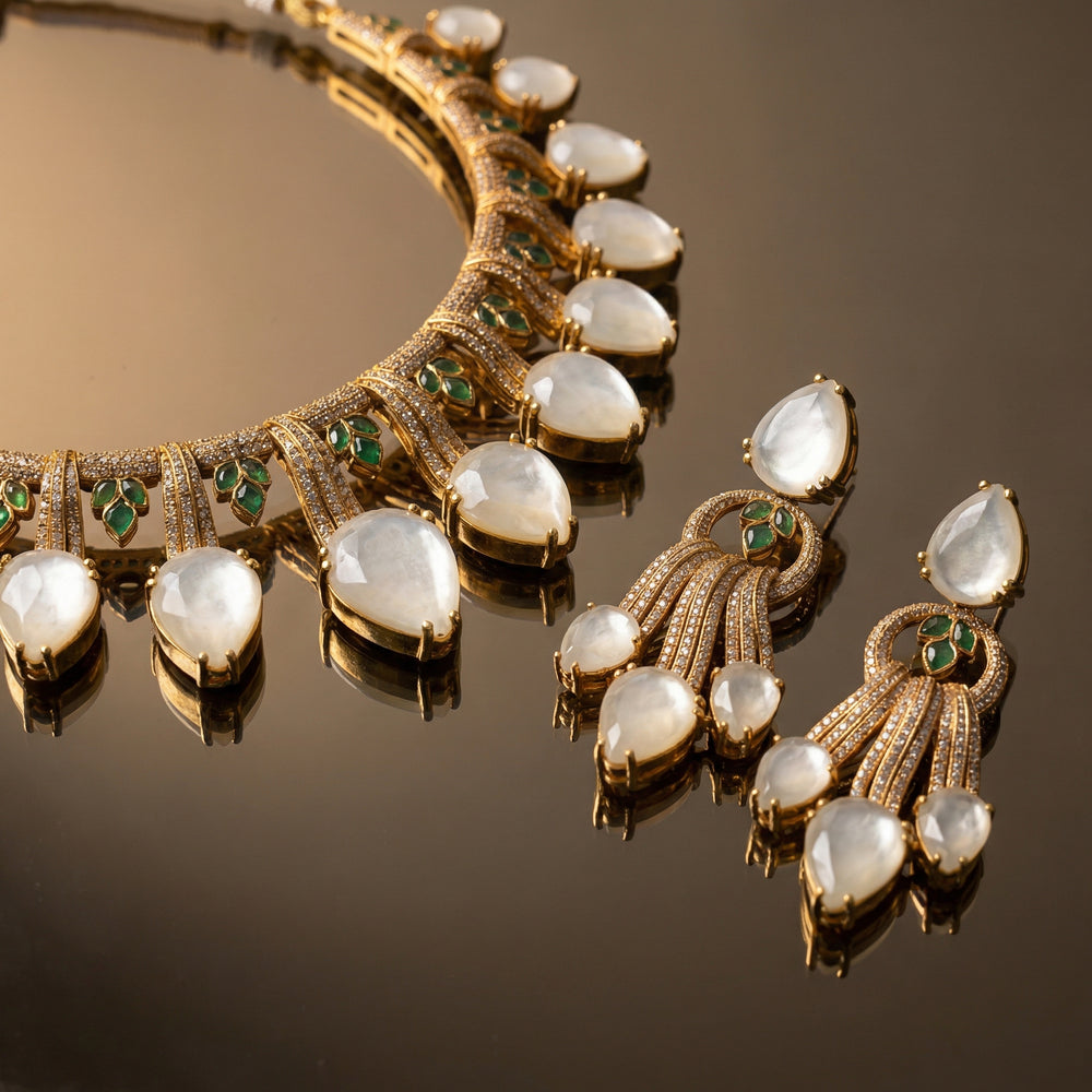 Ziva Drop Necklace Set MOP – elegant Indian jewelry by Ozel