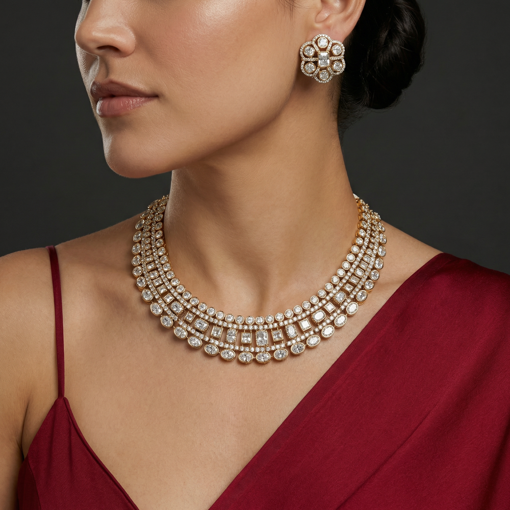Noorjahaan Royale Kundan Necklace Set with Mughal-inspired Kundan detailing and regal gold finish by Ozel
