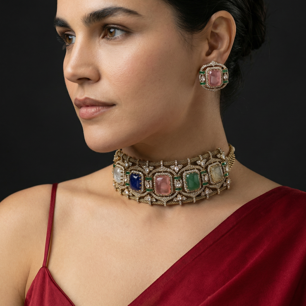 Navrasa Ratna Navratan-stone choker set with kundan setting — Ozel