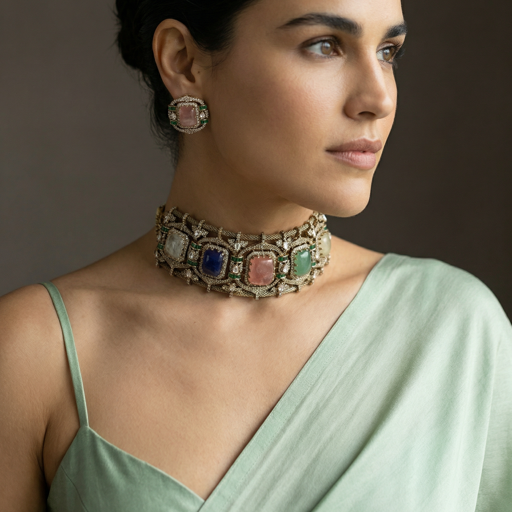 Navrasa ratna navratan choker set – earring pair view by Ozel