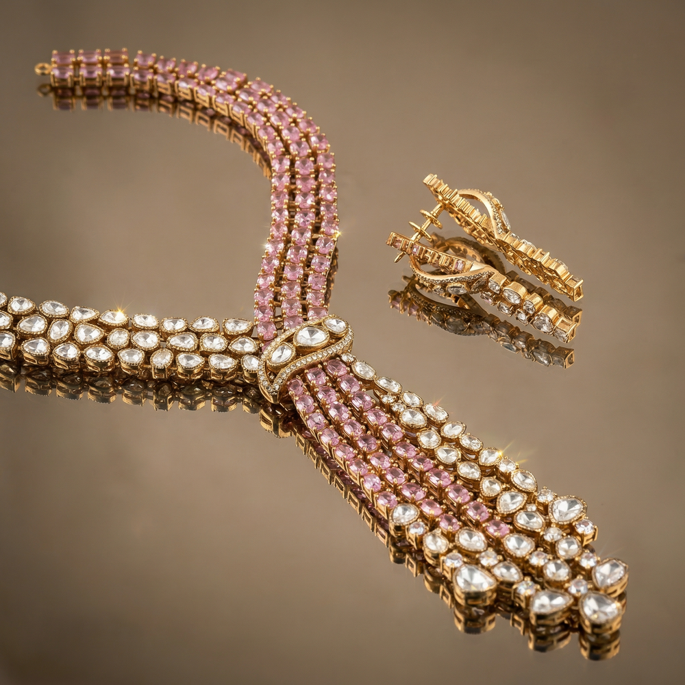 Iyla Pink Cascade Necklace Set – feminine Indian necklace by Ozel