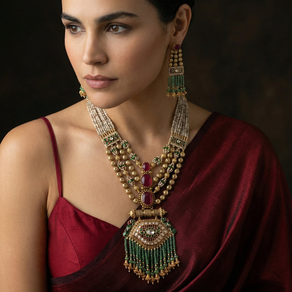 Heritage Ruby Designer Haar Necklace with ancestral Indian goldsmithing and ruby detailing by Ozel