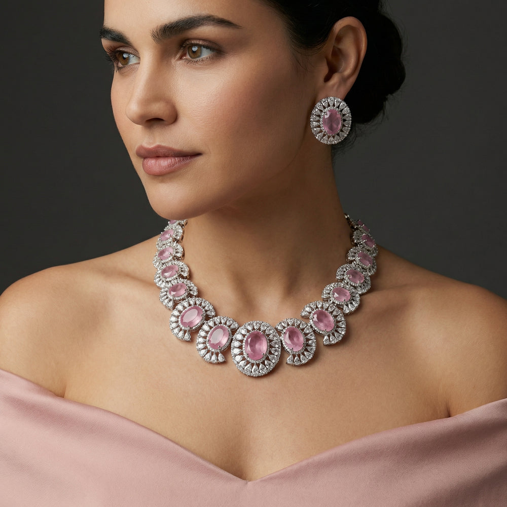 Cirque Monalisa Pink AD Necklace Set – artisan Indian jewelry by Ozel