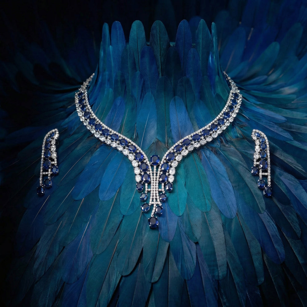 Sapphire Cascade Royale Necklace Set – regal Indian jewelry by Ozel