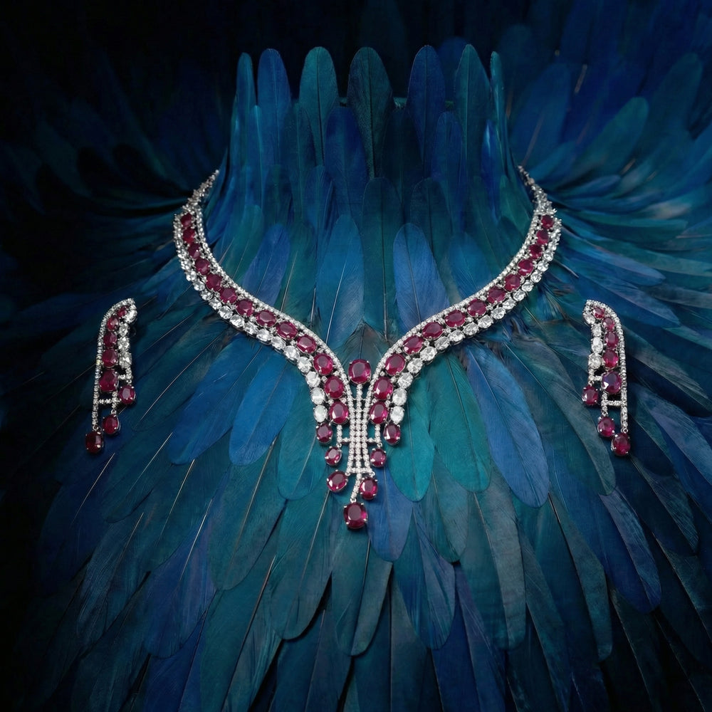 Ruby Cascade Royale Necklace Set – vibrant royal Indian necklace by Ozel