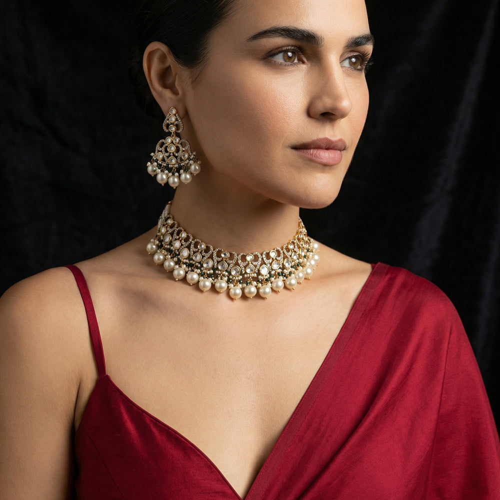 Meher Noor Pearl Polki Choker Set – handcrafted pearl polki choker by Ozel