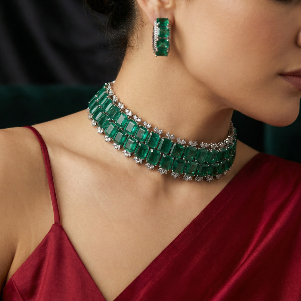 Emerald doublet choker set with polki border in antique gold