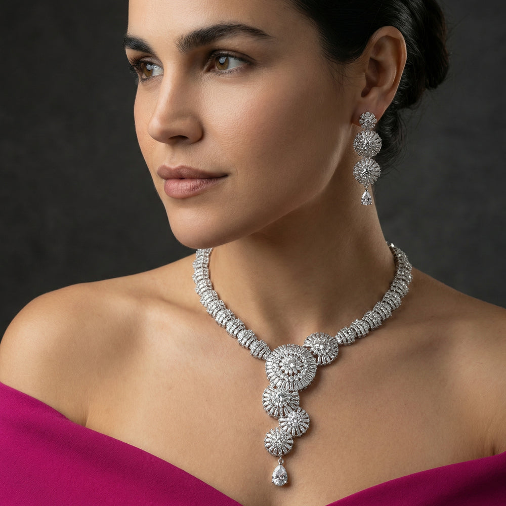 Sunburst AD Necklace Set with radiant American Diamond sparkle and gold-tone setting by Ozel