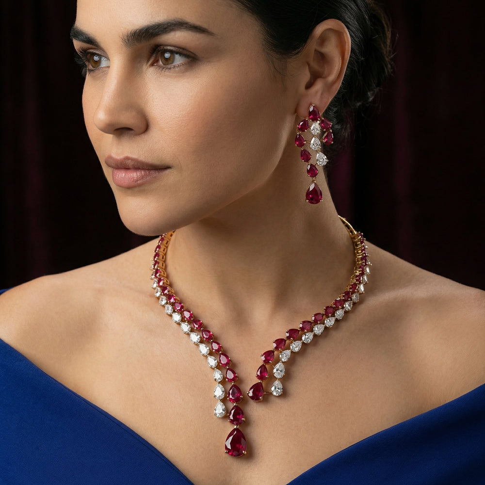 Ruby Cascade V-Neck Necklace Set – handcrafted ruby v-neck necklace by Ozel