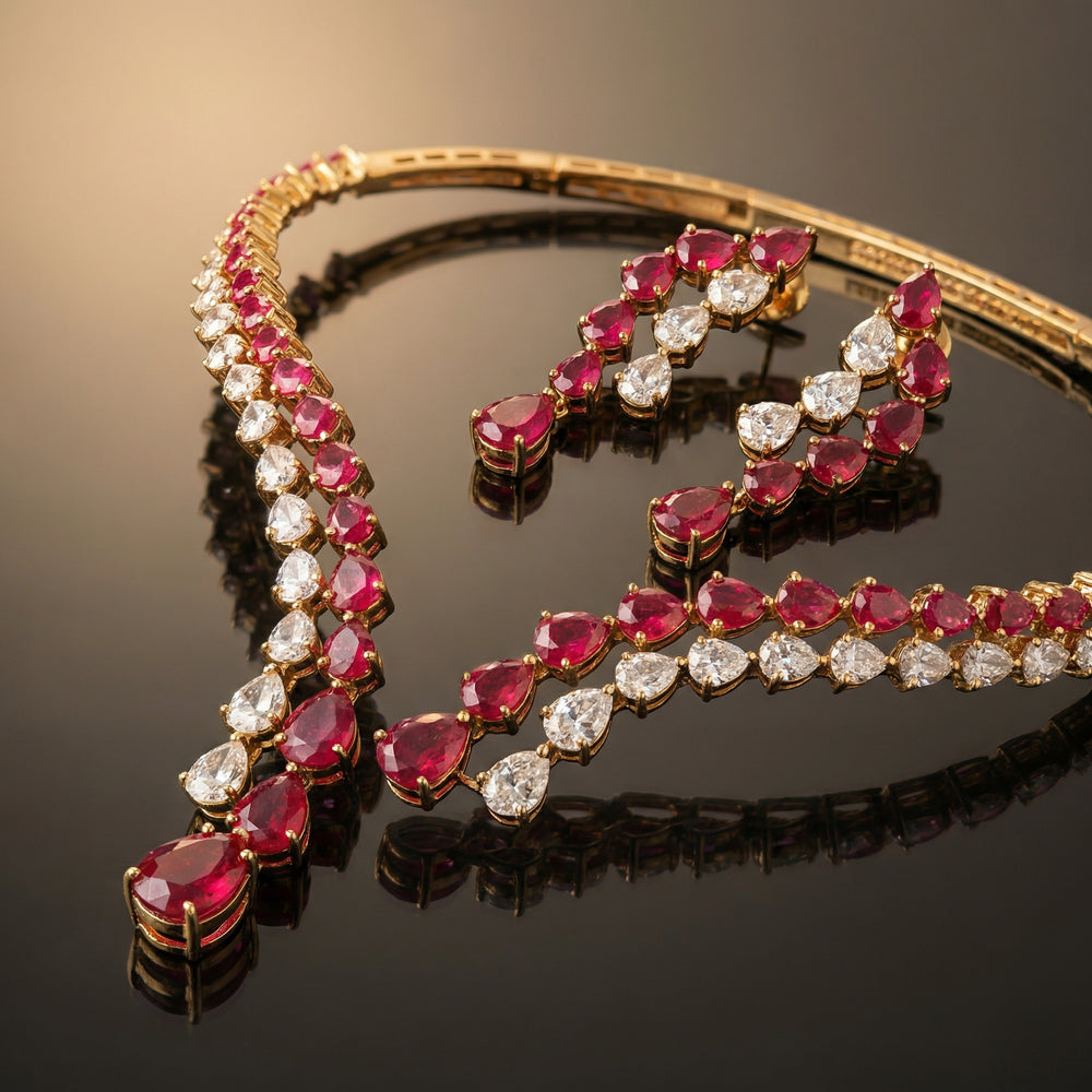 Ruby Cascade V-Neck Necklace Set – artisan Indian jewelry by Ozel