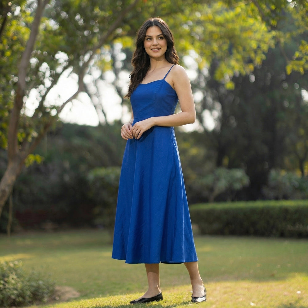 Sandwash Satin Midi Dress in sapphire blue with luxurious sandwash finish by Ozel