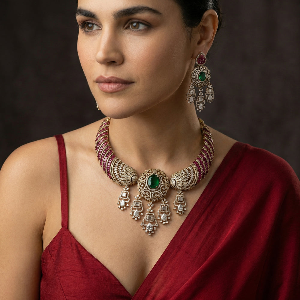 Rubina Maharani Necklace Set with vivid ruby stones and regal handcrafted gold design by Ozel