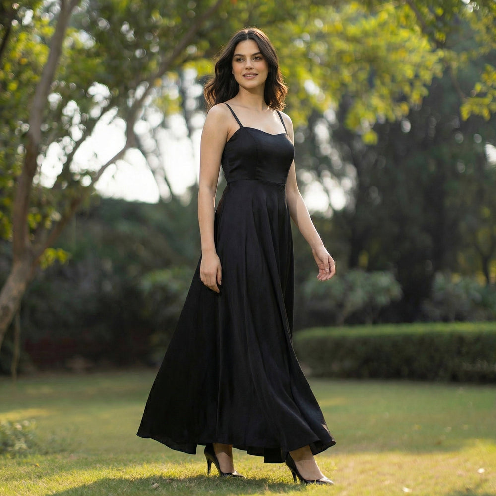 Sandwash Satin Black Dress with midnight satin finish and fluid feminine silhouette by Ozel