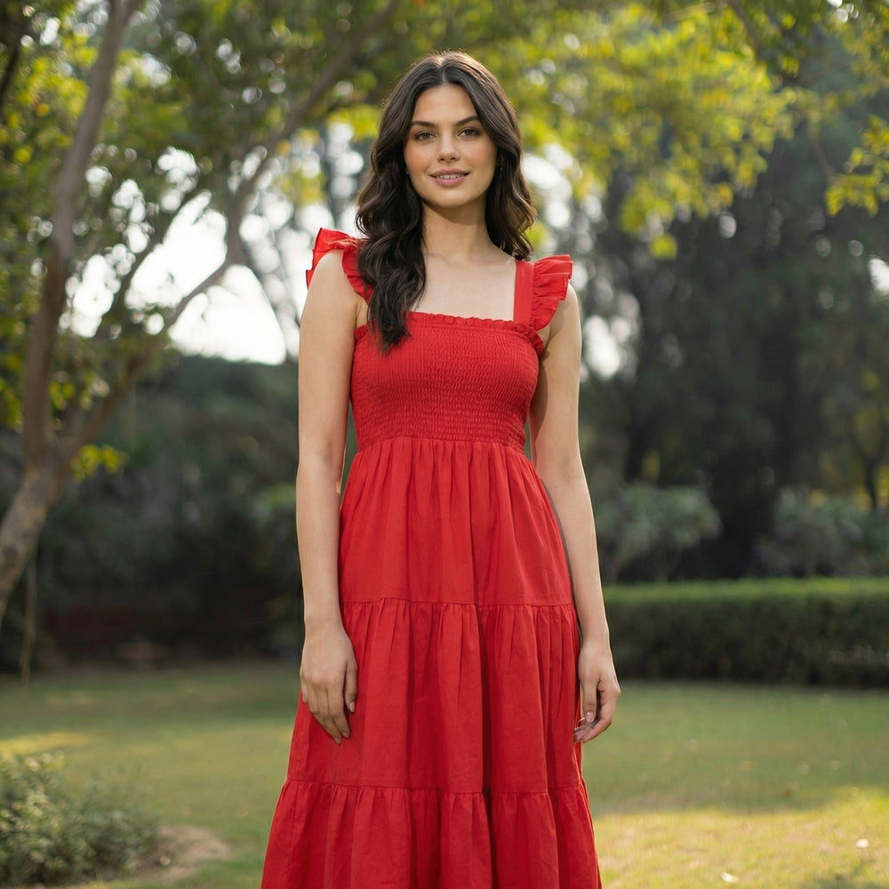 Ruffled Poplin Smocked Midi Dress – artisan summer dress by Ozel
