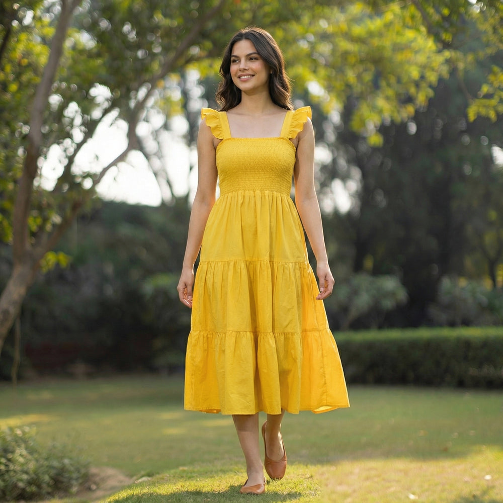 Ruffled Poplin Smocked Midi Dress – feminine poplin dress by Ozel
