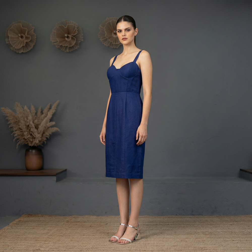 Navy Khadi Corset Dress with structured corset design and deep navy khadi fabric by Ozel