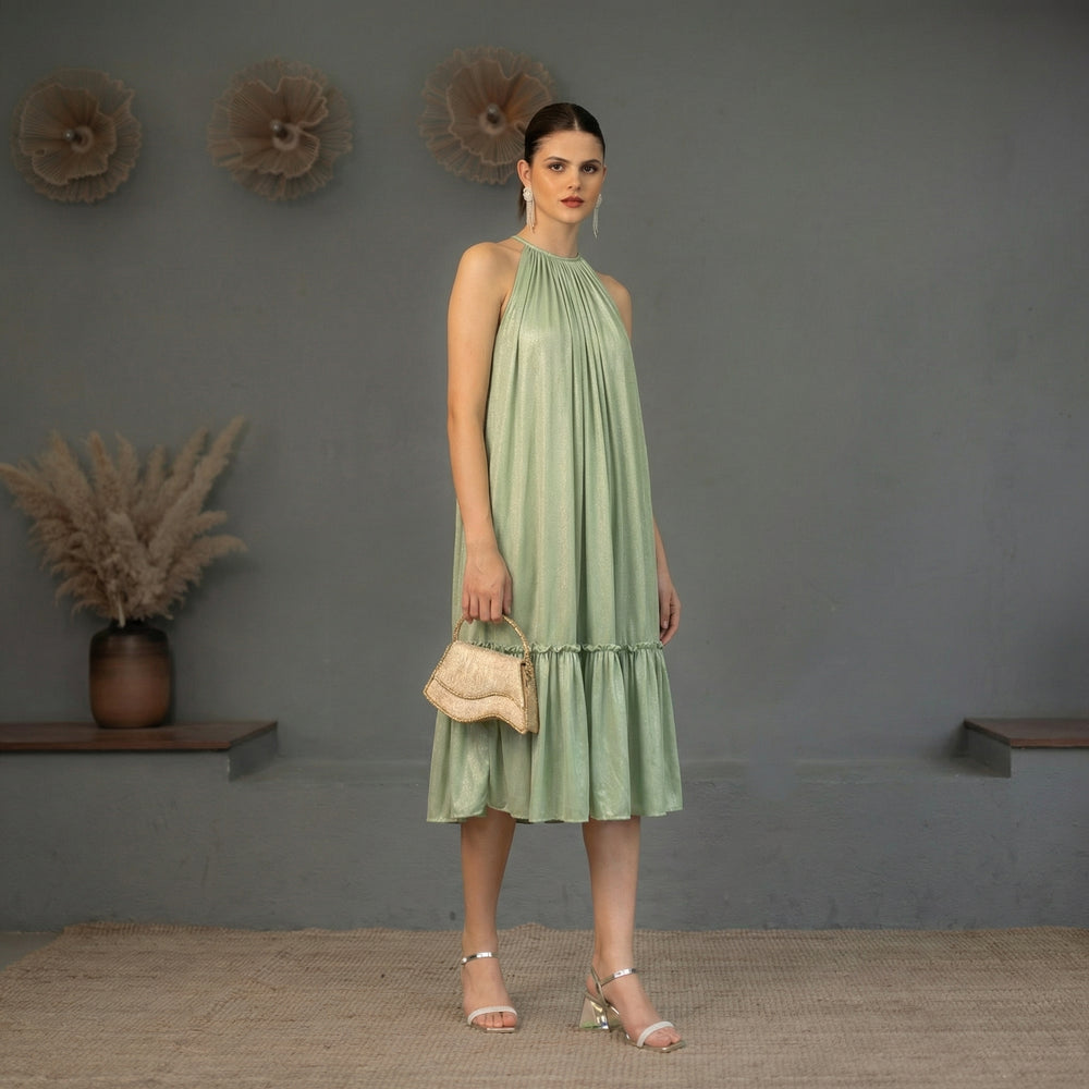 Layla Dress in verdant green with feminine cut and garden-inspired ease by Ozel