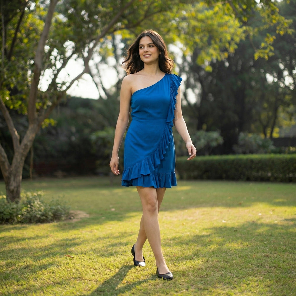 Blue One-Shoulder Dress – handcrafted one-shoulder dress by Ozel