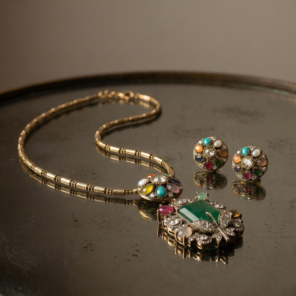Navratna Royale Butterfly Pendant Set – nine-gemstone butterfly jewelry by Ozel