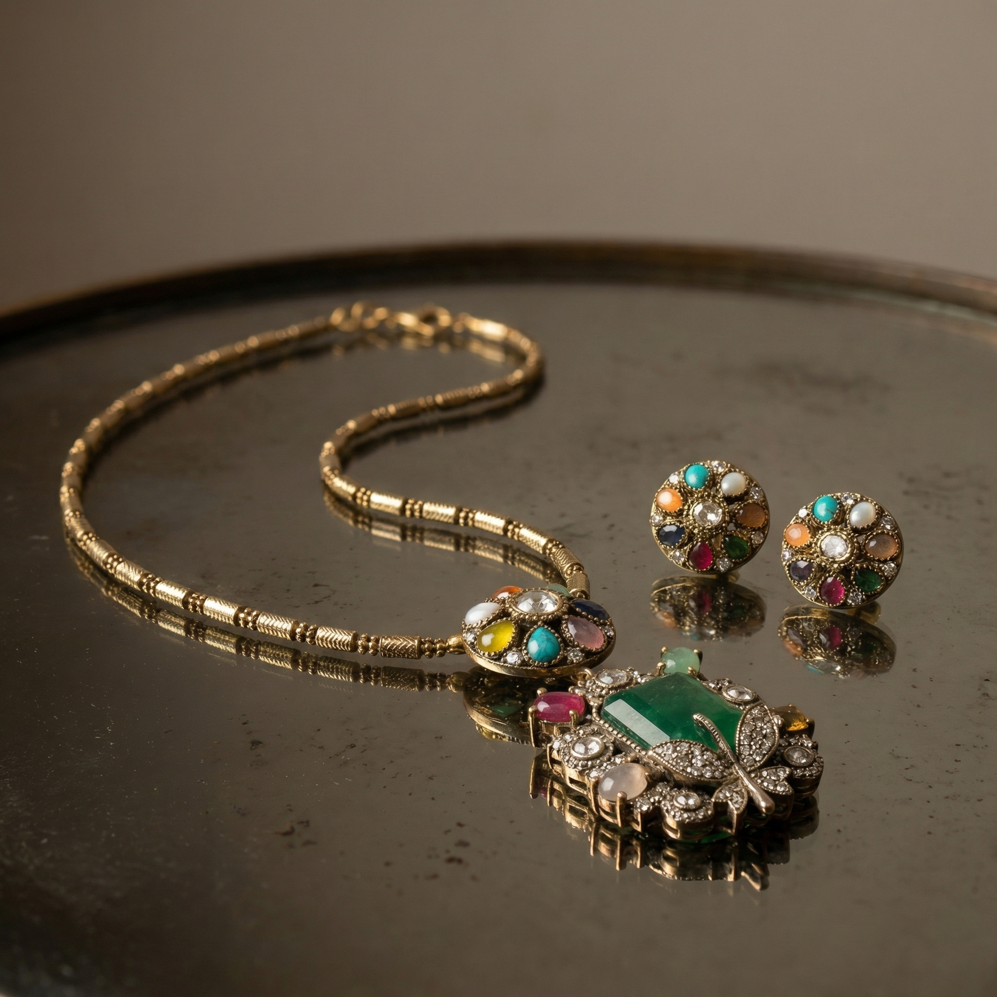 Navratna Royale Butterfly Pendant Set