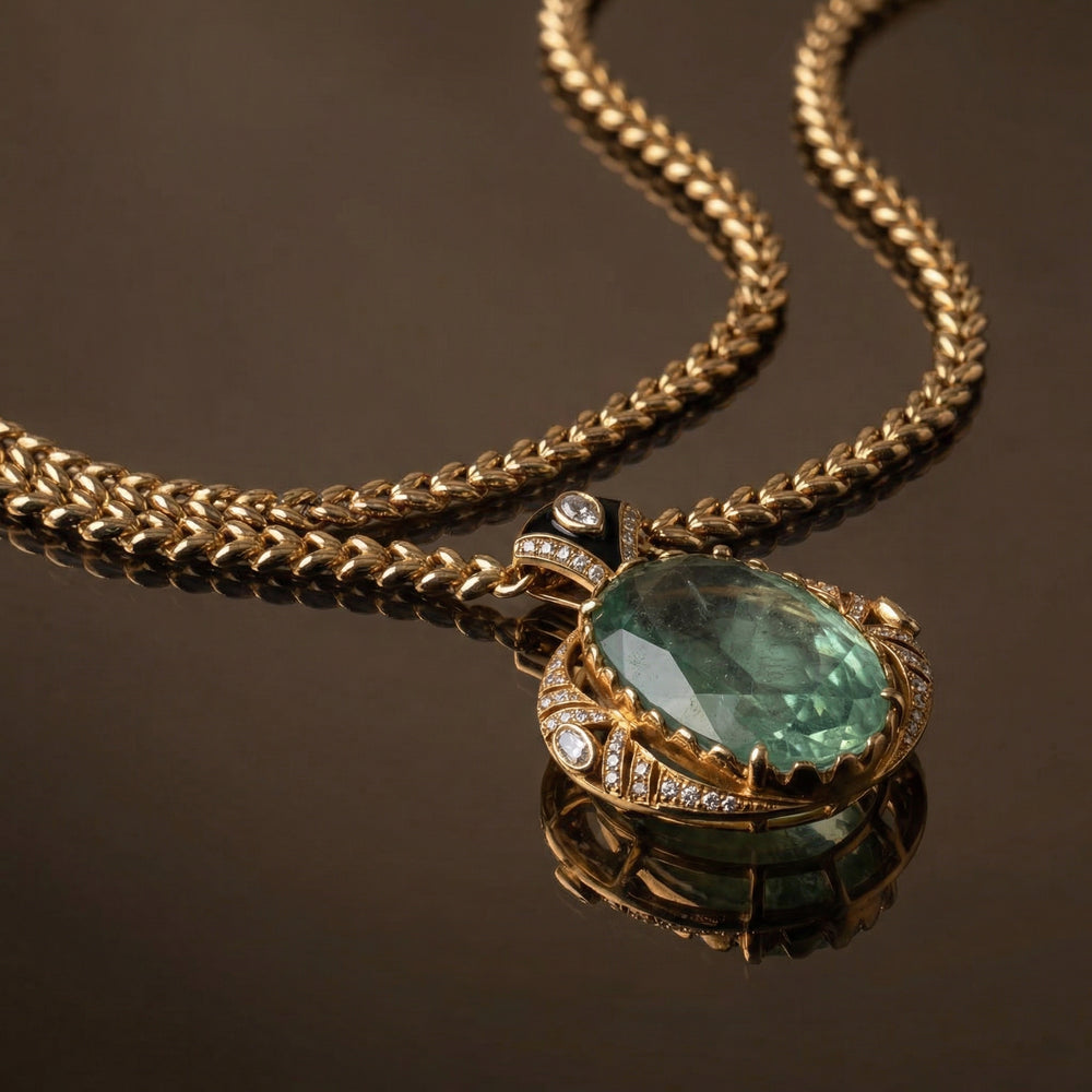 Sage Aura pendant necklace set in delicate heritage craft — statement jewellery by Ozel