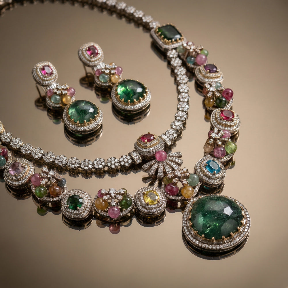 Rajsi Ratna Heirloom Layered Necklace Set – artisan navratna necklace by Ozel