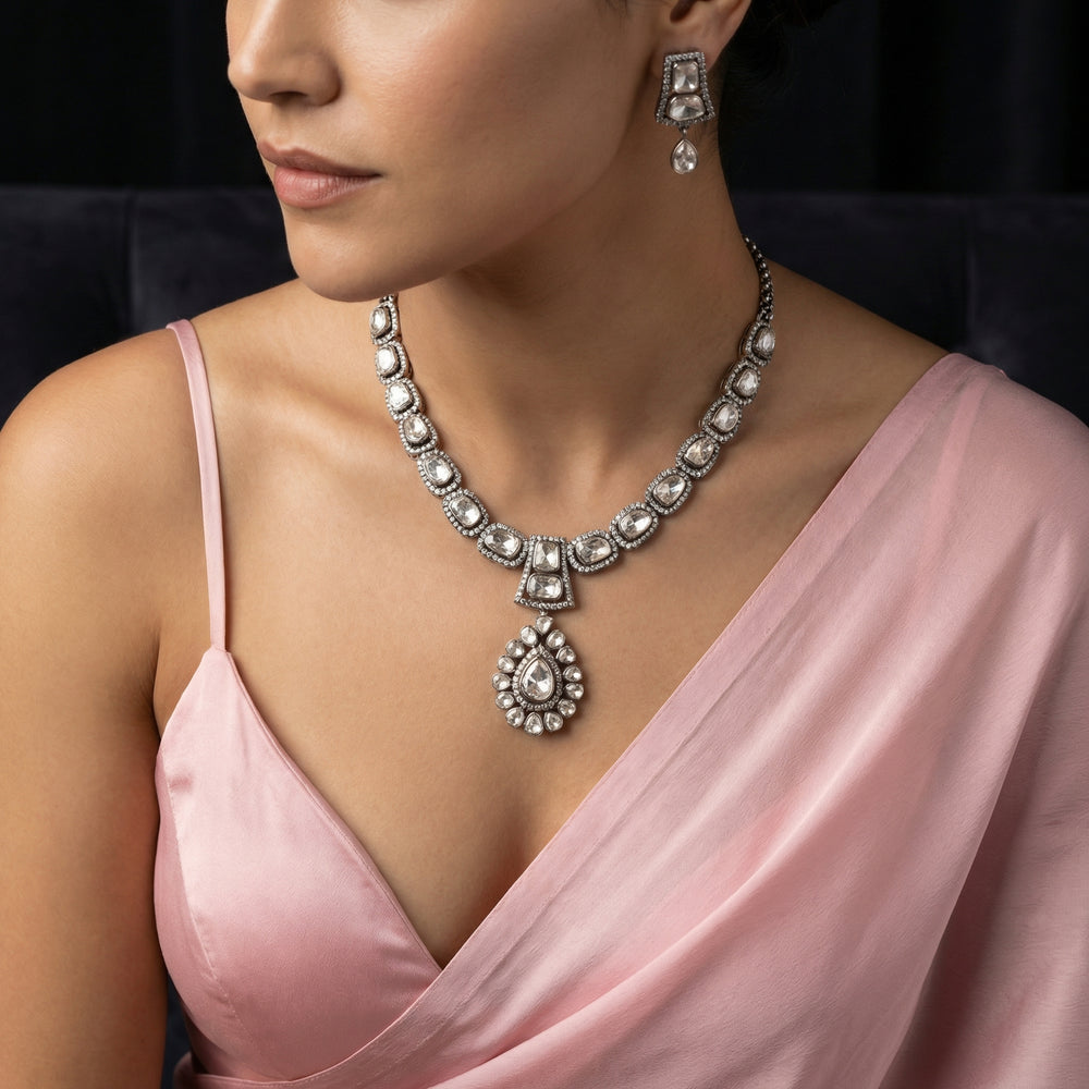 Noorika Polki Drop Necklace Set – polki diamond drop necklace by Ozel