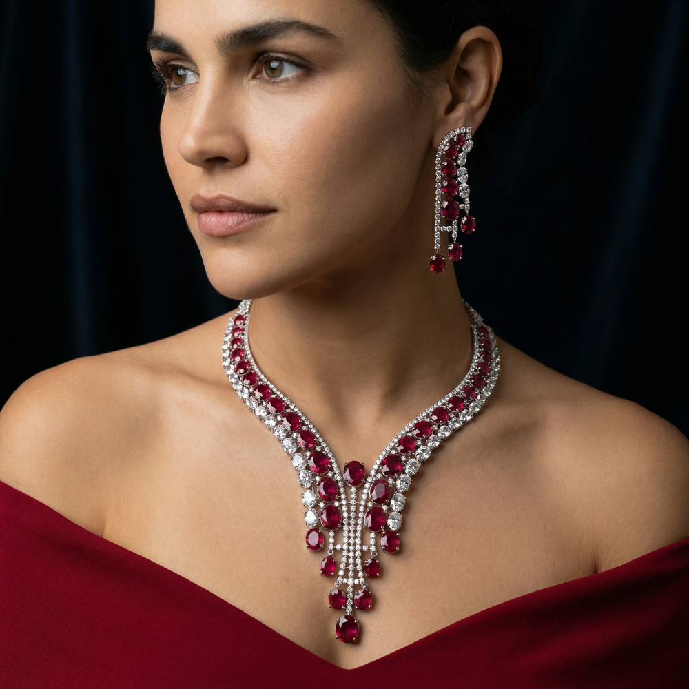Ruby Cascade Royale Necklace Set – artisan Indian bridal jewelry by Ozel