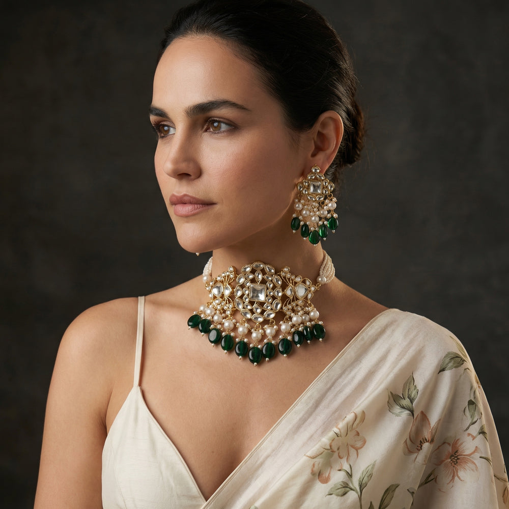 Zarvaya Polki Emerald Pearl Choker Set – ornate emerald pearl set by Ozel