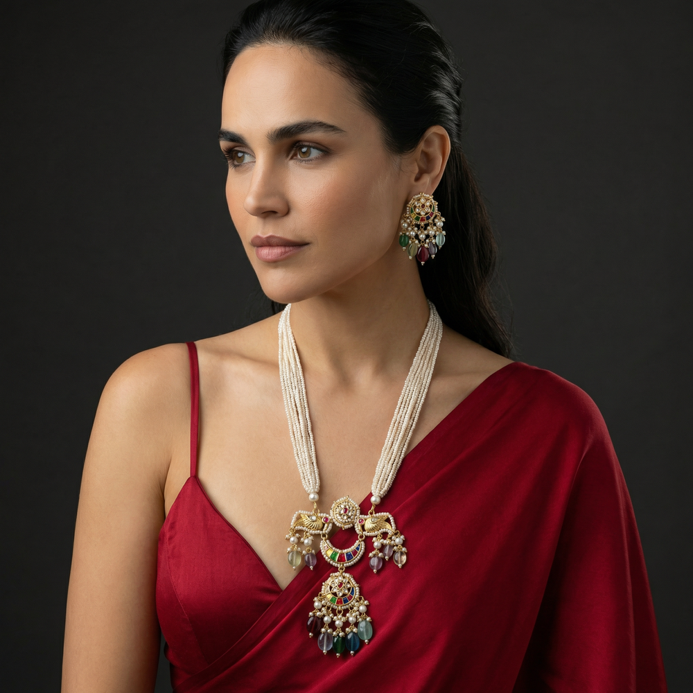 Rangmahal Pearl Pendant Necklace Set – Indian pearl bridal jewelry by Ozel