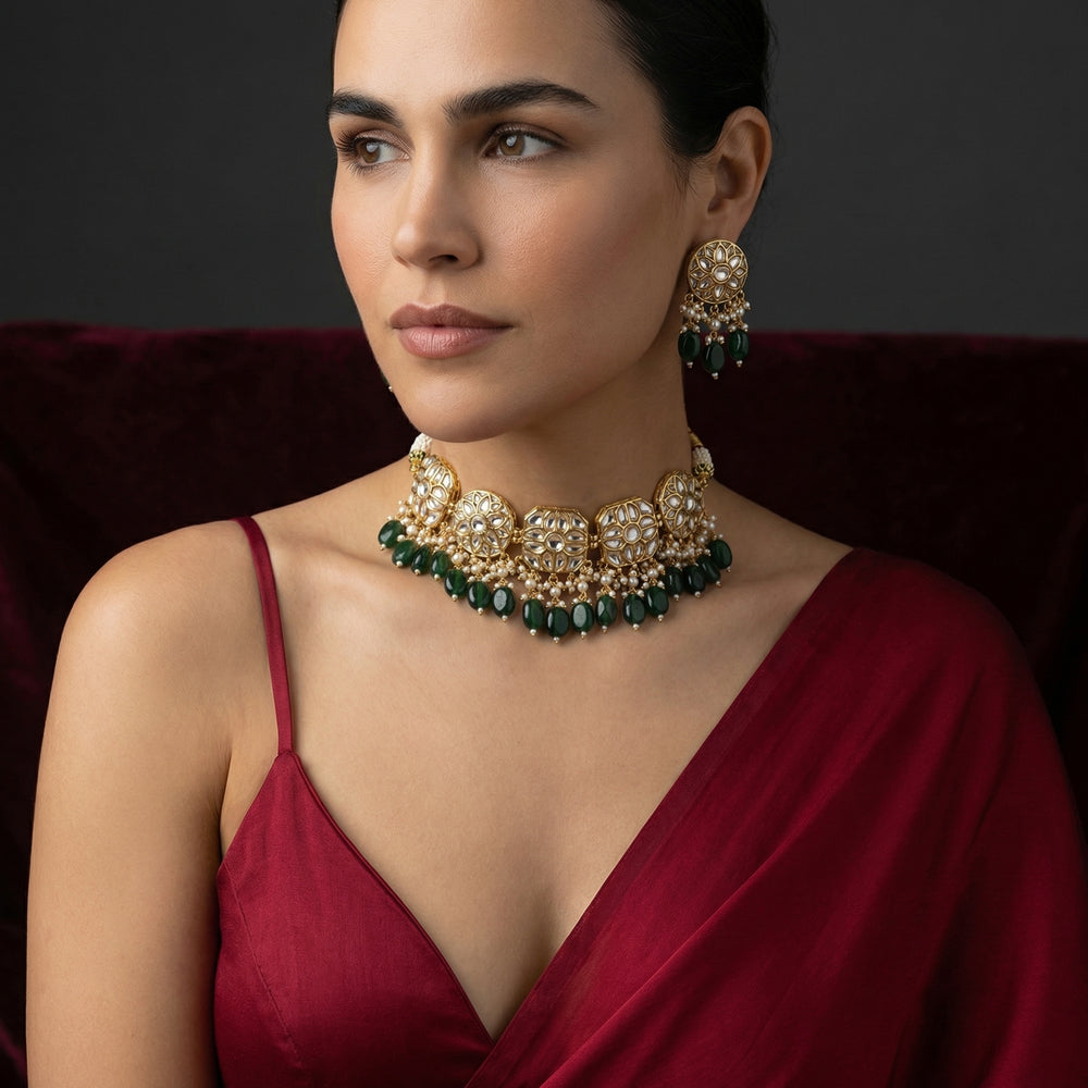 Meherzari Polki Emerald Choker Set – emerald polki bridal choker by Ozel