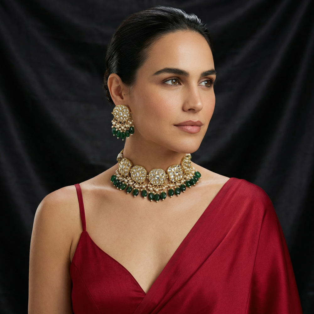Meherzari Polki Emerald Choker Set – heritage emerald polki jewelry by Ozel