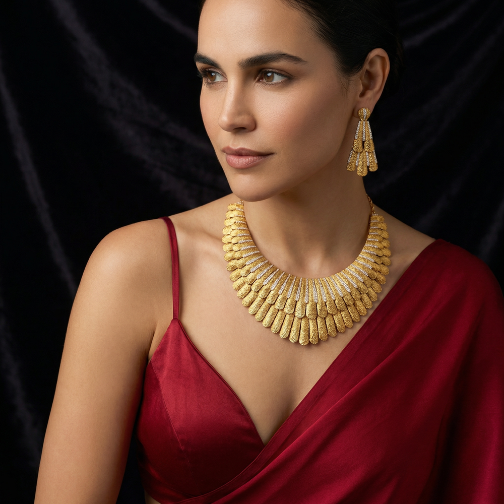 Gold Radiant Necklace Set with lustrous gold detailing and classic silhouette by Ozel