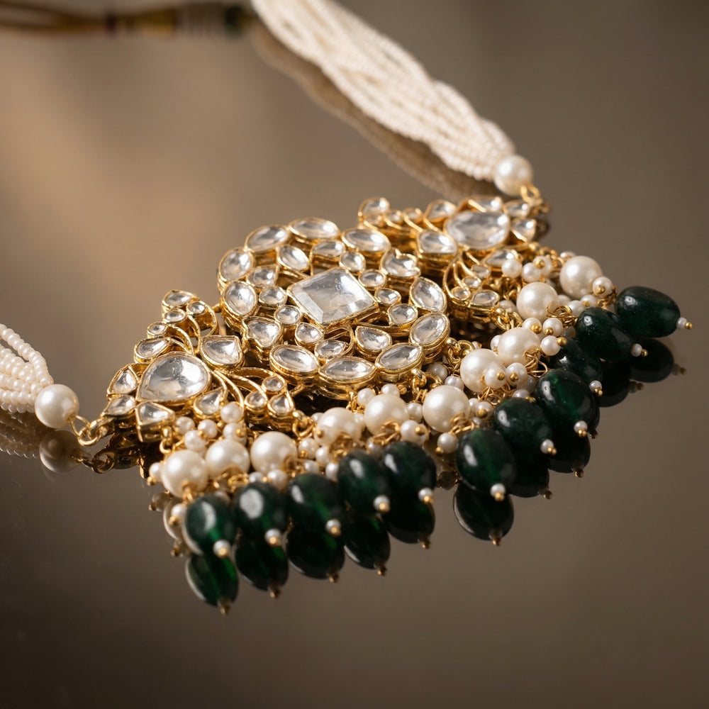 Zarvaya Polki Emerald Pearl Choker Set – heritage emerald pearl jewelry by Ozel