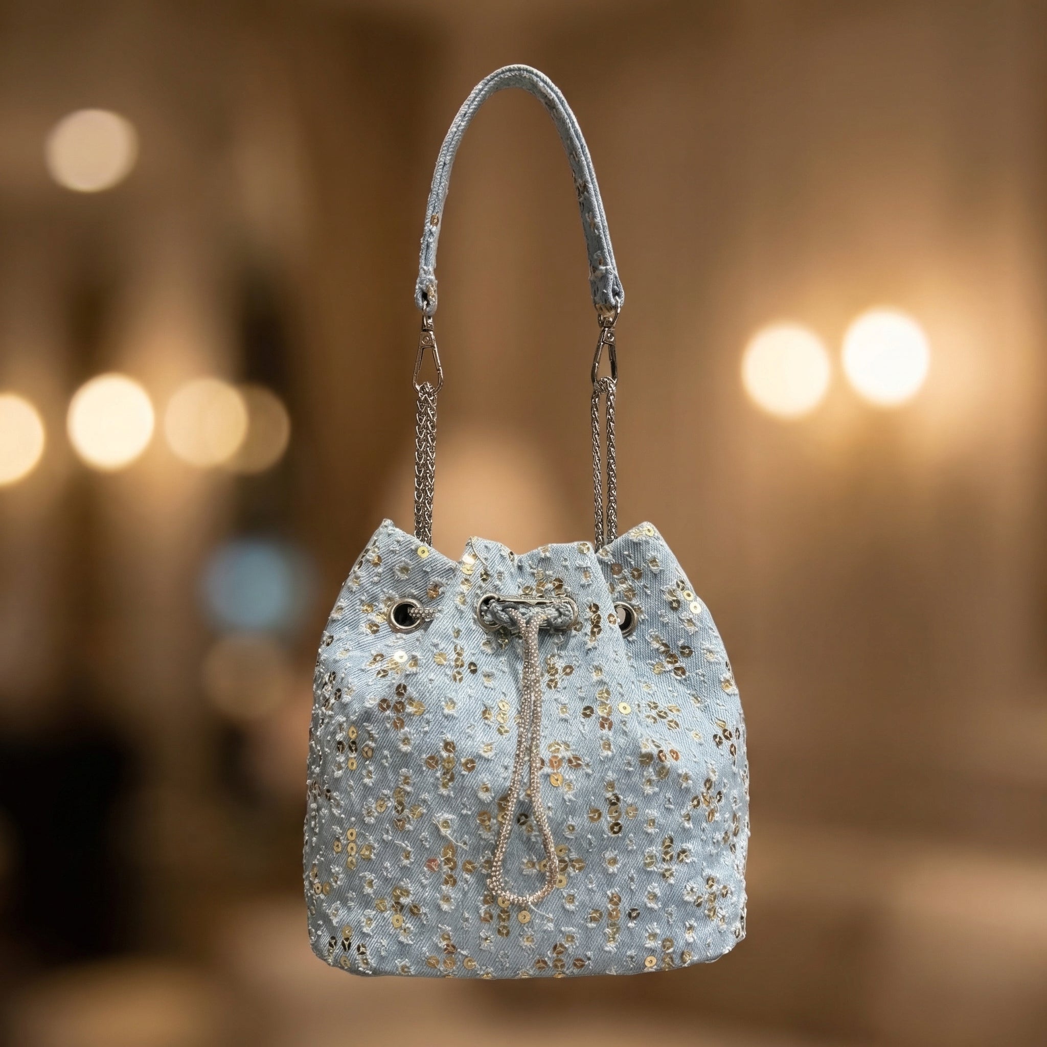 Sequin Denim Bucket Bag
