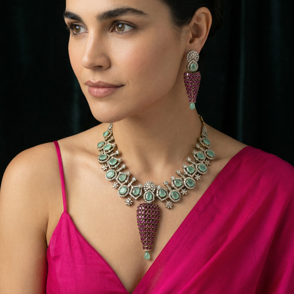 Vasundhara Mint and Pink Necklace Set – pastel mint and pink necklace by Ozel