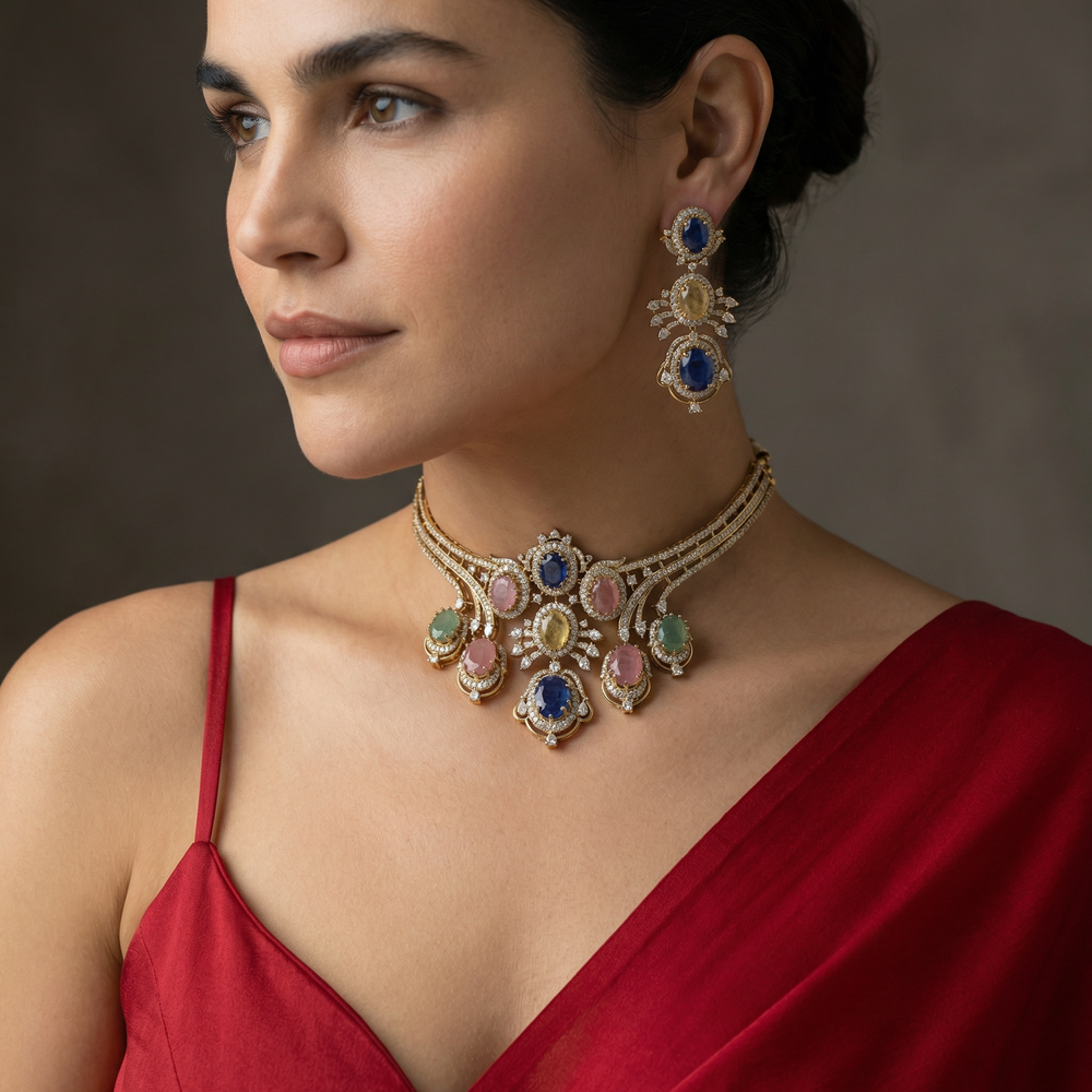 Trishya polki choker set with layered stone detailing