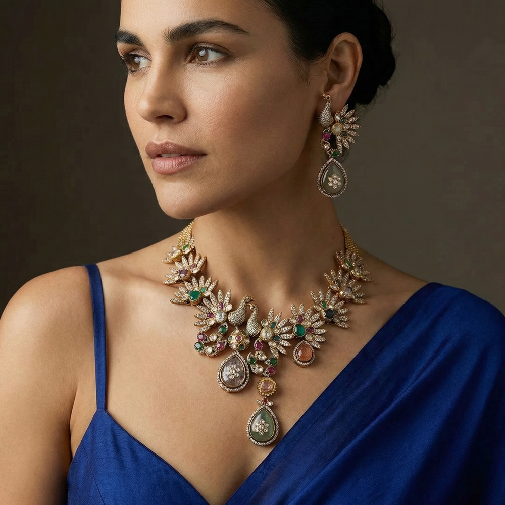 Mayur Vana Necklace Set with peacock-inspired gemstone and gold forest design by Ozel