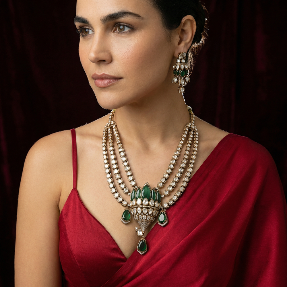 Lotus polki necklace set with layered stone petals in antique gold