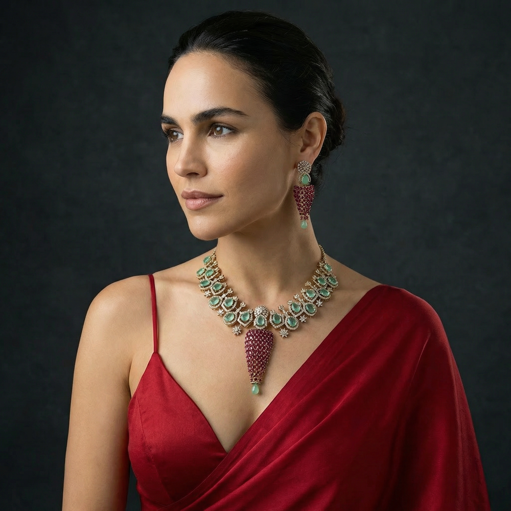 Vasundhara Mint and Pink Necklace Set – heritage pastel jewelry by Ozel