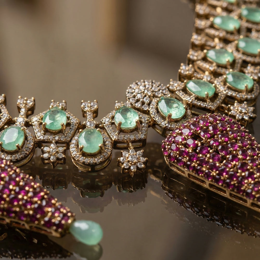 Vasundhara Mint and Pink Necklace Set – Indian pastel stone set by Ozel
