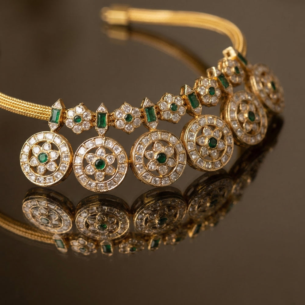 Coin Polki Emerald Necklace with ancient coin motifs, uncut Polki diamonds and emeralds by Ozel