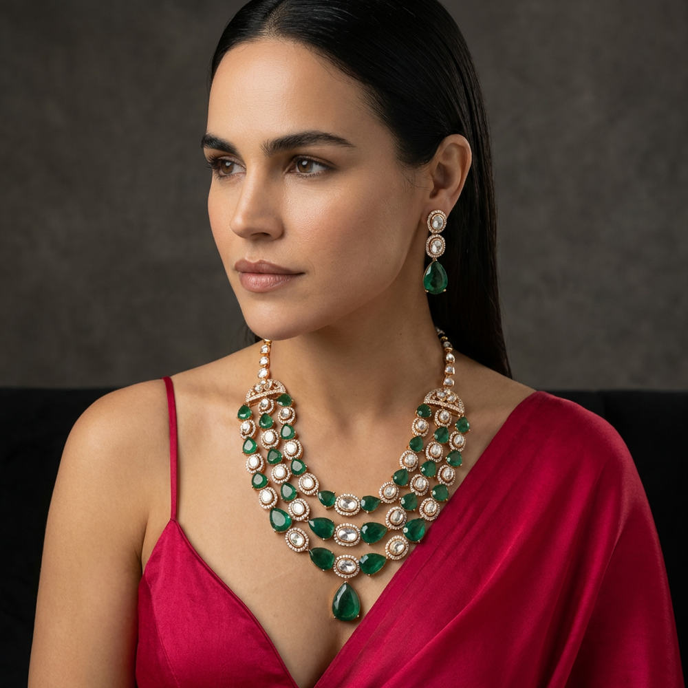 Sagarika Emerald Polki Necklace Set – ornate emerald polki set by Ozel