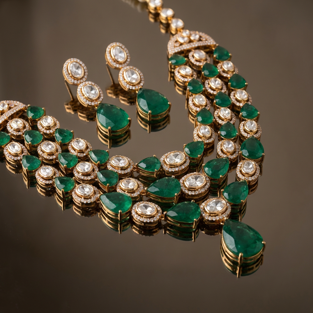 Sagarika Emerald Polki Necklace Set – emerald polki bridal necklace by Ozel