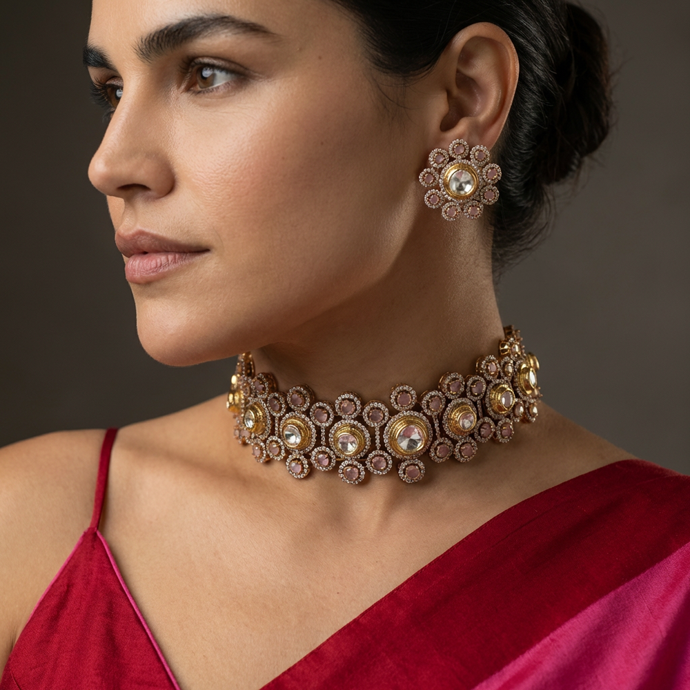 Rajwada Pink Polki Choker – pink polki bridal choker by Ozel